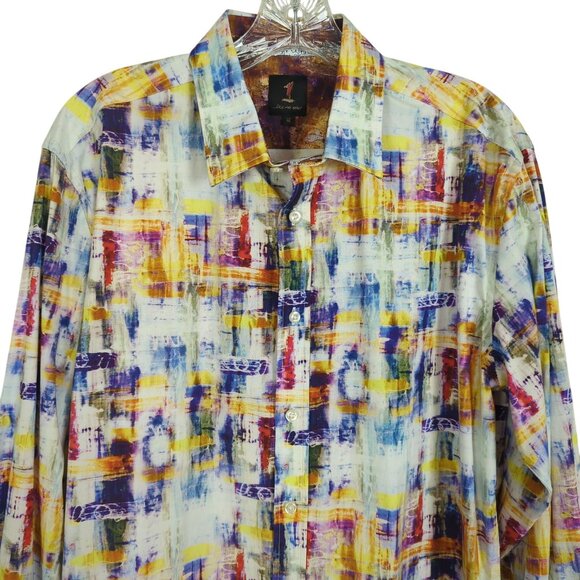 1 like no other long sleeve button front abstract colorful Men's shirt size M - Picture 3 of 16